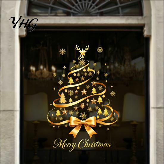 Gold Ribbon Window Stickers Christmas Tree Static Cling, Glass Sticker with Bow, Reindeer Festive Party Decor Antler & Star Snowflake, Reusable
