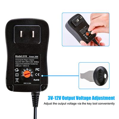 30W Universal AC To DC Power Supply Adapter with 5V 2.1A USB Port, AC Plug-in Power Charger 3V To 12V Adjustable Output Voltage