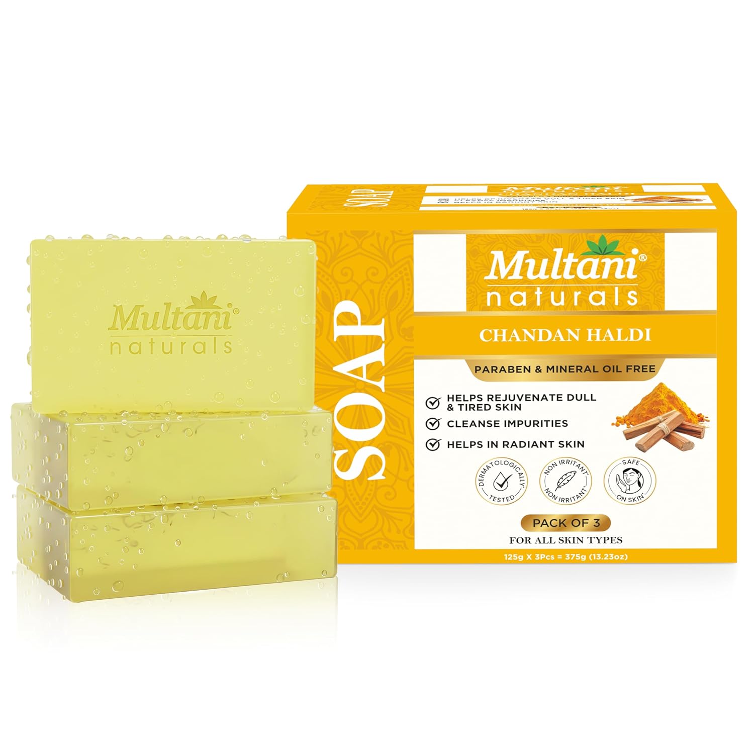 

Мыло Multani Naturals Chandan Haldi 125 г Упаковка из 3 шт. Увлажняющее мыло для ванны для сияющей кожи Мягкое очищение для всех типов кожи