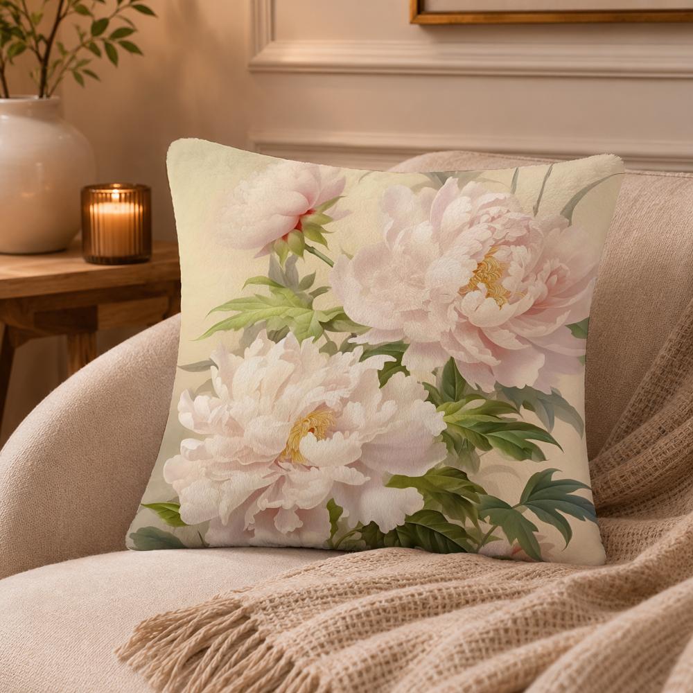 Peony Cushion Cover Anti-dustmite Pillowcase Invisible Zipper Silky Short Plush Sofa Cushion Cover
