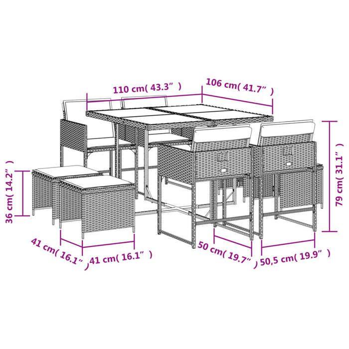 VidaXL Ensemble à Manger de Jardin avec Coussins 9 pcs, Table et Chaises à Dossier Rabattable, Meubles d'Extérieur Patio 3211315