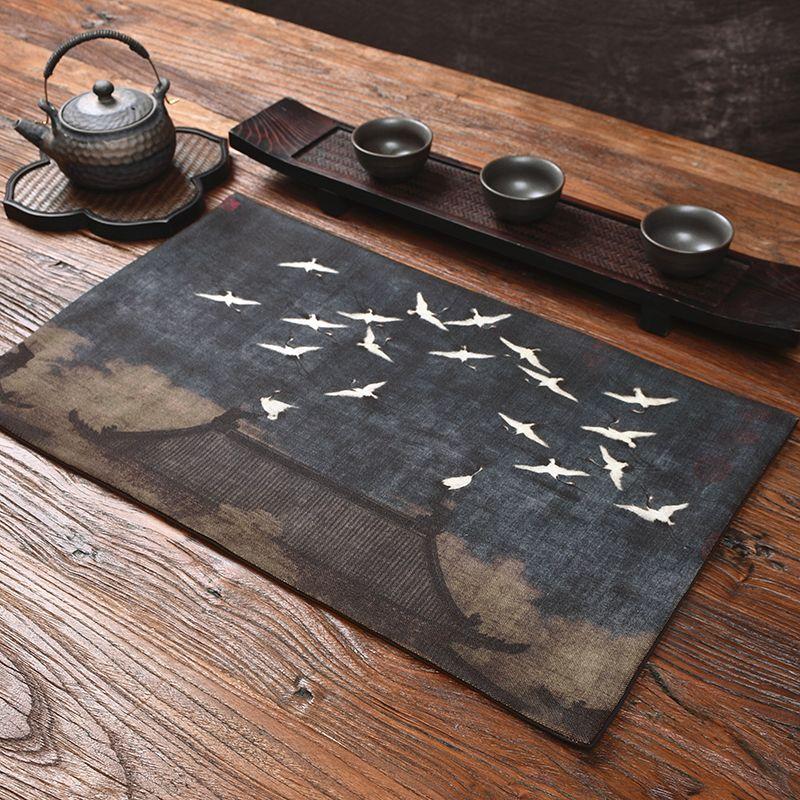 

Auspicious Crane Painting Zen Fabrics Table Runner Cotton Linen Stain Resistant Tea Mat [Night Tea Shop] Ruihe Figure 30*50cm