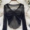Sexy French sle Retro V-neck Knit cardigan Women Spring/Summer Thin Sunscreen Cover Up Short Long sleeve Bell Sleeve Top