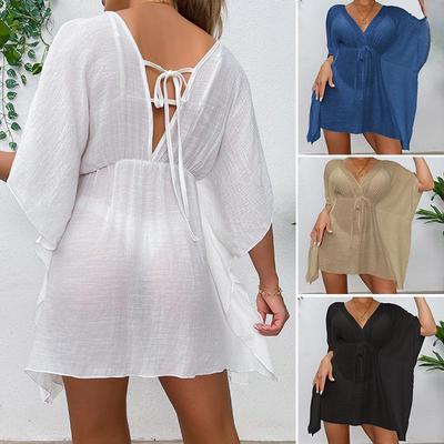 Drop-Shoulder Loose Beach Cover-up with Waist Tie - Sunscreen Solid Color Bikini Shirt