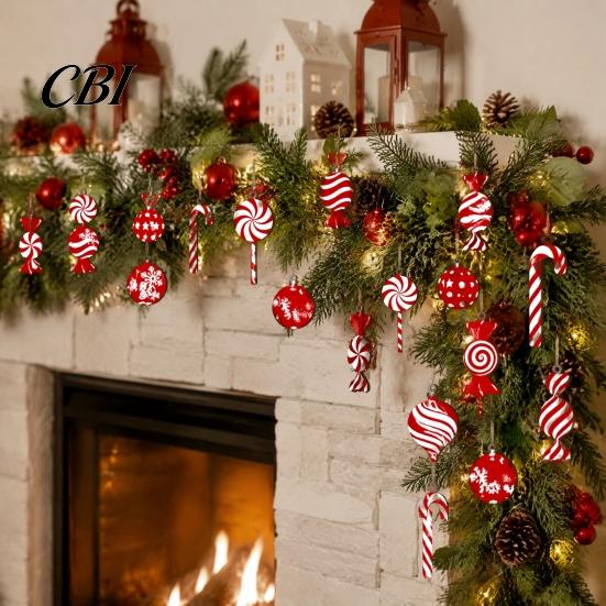 Seasonal Tree Ornament Set 12/24/36 Pcs Wooden Candy Cane Christmas Ornaments, Hanging Lollipop Ball Decor, Double-Sided Indoor Holiday Party Supplies