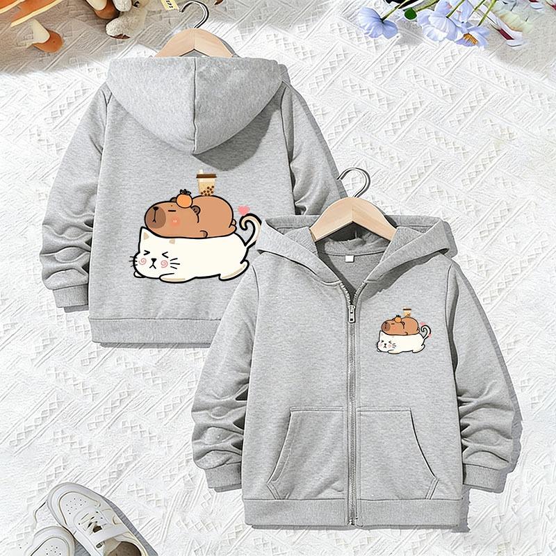 Hoodie Capybara Jacket Kids Boys Girls Zipper Spring and Autumn Trendy Animal Cartoon Sweatshirts Zip Up Casual