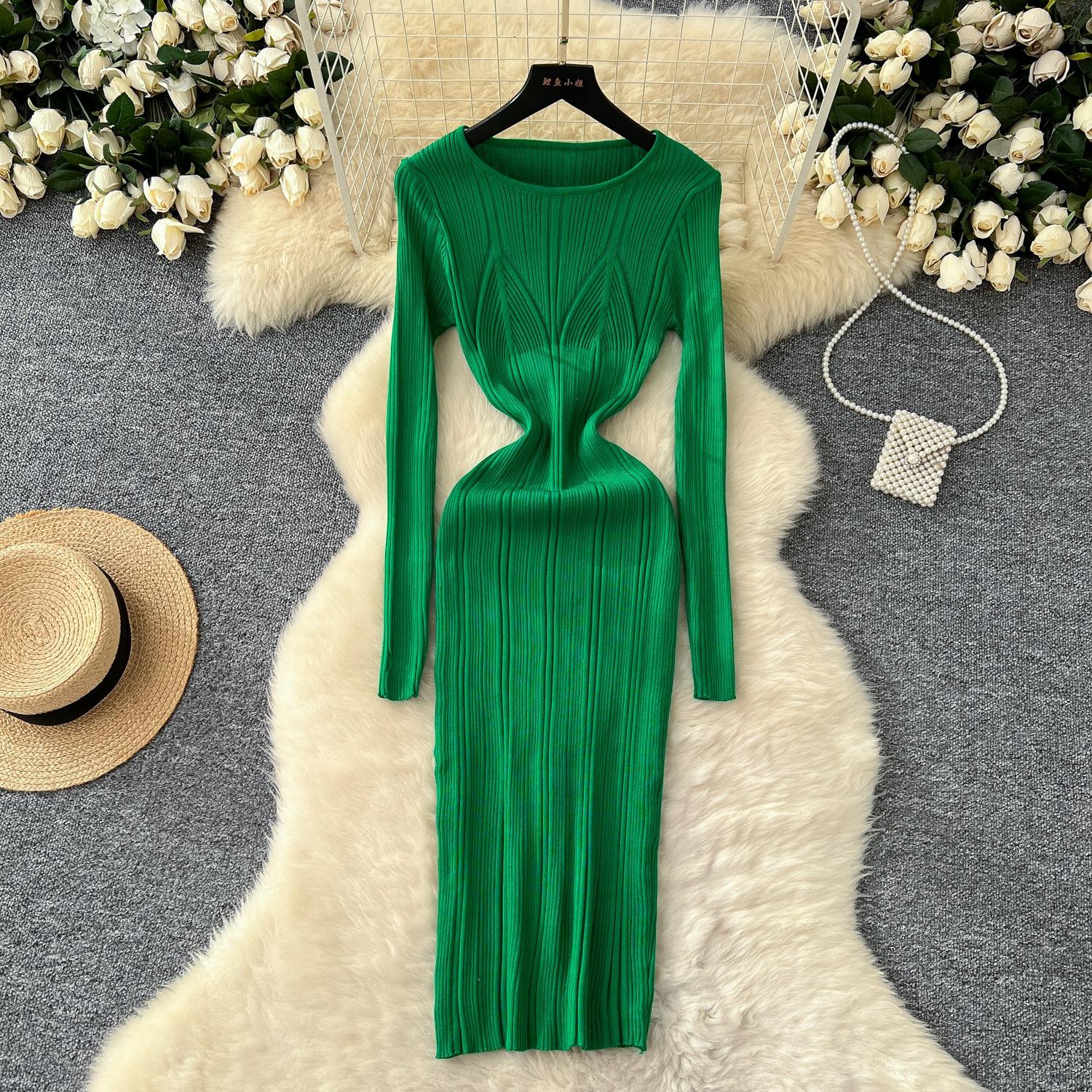 

Шикарна модна сексуальна трикотажна сукня на стегнах з довгим рукавом, жіноча осінь-зима, светр, вулична сукня, облягаючий одяг One Size зелений