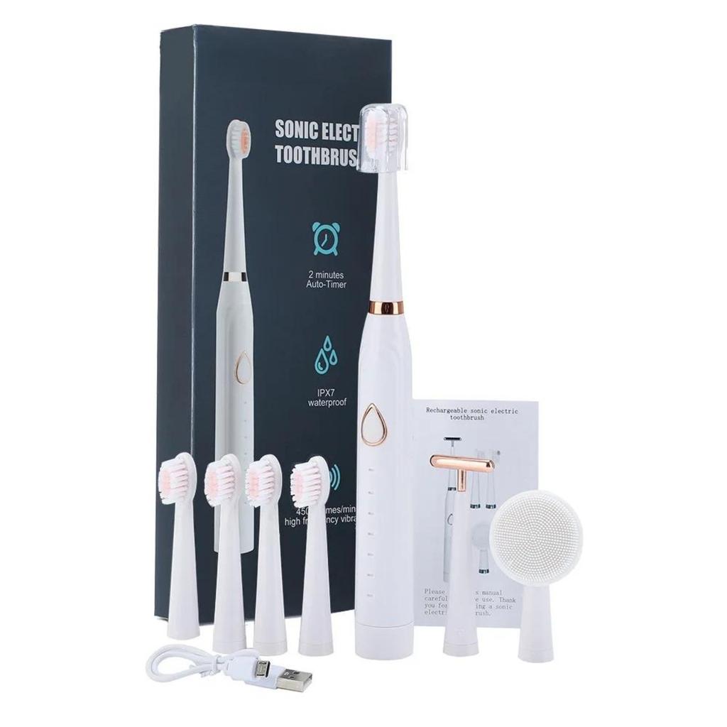 Masseur sonique 3 en 1 pour nettoyage du visage, 6 Modes, brosse à dents électrique IPX7, Kit de soins buccaux avec 7 têtes de brosse, nettoyeur de dents, lifting du visage