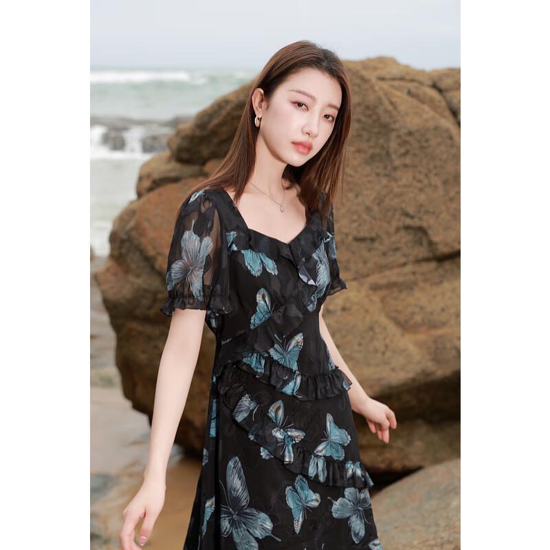 

Sancai Plus Size French Square Neck Butterfly Print Ruffle Dress L 165/92B