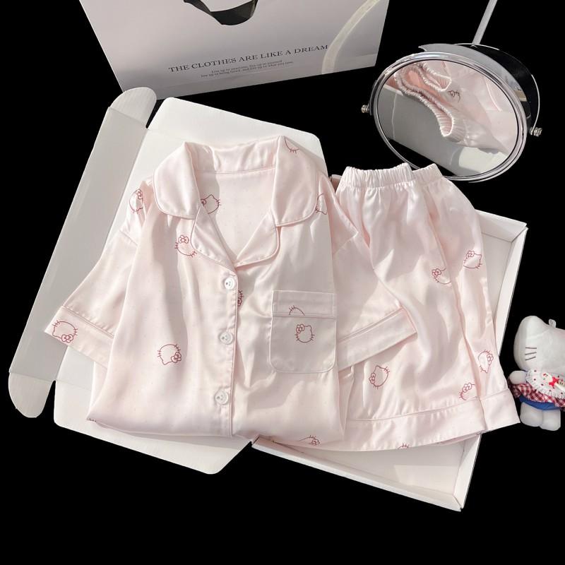 2026 Kids Ice Silk Pajamas Set Girls Cartoon Short Sleeve Shorts Sleepwear Lightweight Breathable Home Wear