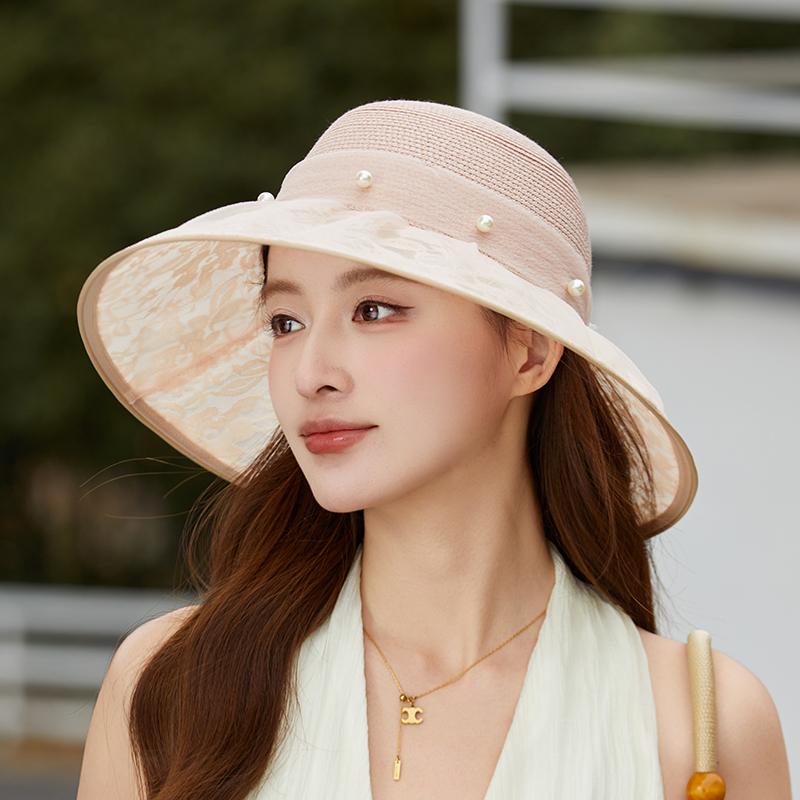 2026 New Fashion Elegant Pearl Bow Fisherman Hat Wide Brim Church Hat For Women Foldable Summer Beach Protection Sun Cap