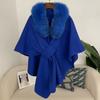 Womens Winter Wool Blend Cape Shawl Cardigan With Faux Fur Collar Loose Fit Oversized Knit Coat