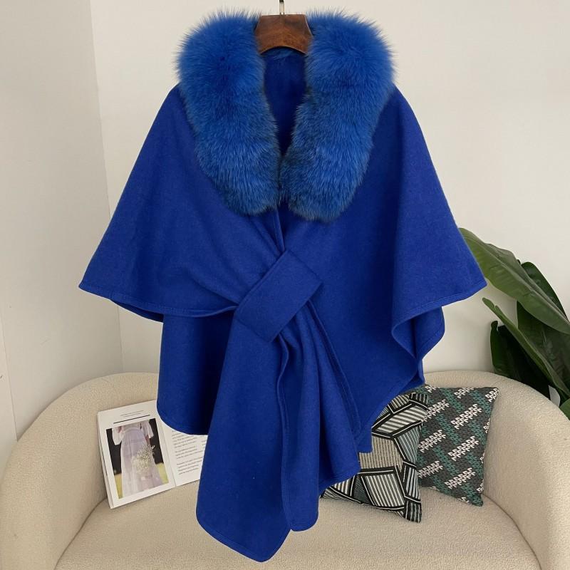 Womens Winter Wool Blend Cape Shawl Cardigan With Faux Fur Collar Loose Fit Oversized Knit Coat