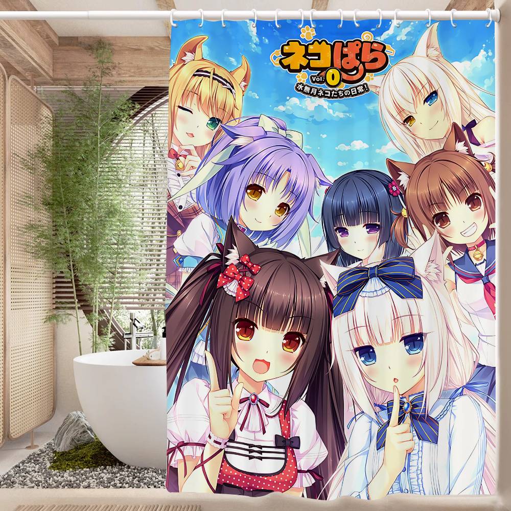 Nekopara Neko Anime Pattern Bathing Curtain Bathroom Shower Curtain Waterproof With 12 Hooks Home Deco