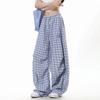 Deeptown Harajuku Vintage Y2k Blue Plaid Women Cargo Pants Embroidery Scimitar Wide Leg Korean Fashion Trousers Baggy Summer