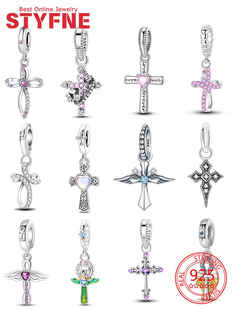 Authentic Pink Zircon Love Cross Wing Cross Retro Pattern Cross Charm Bead Charms Copper Bead Charms Pendant Compatible With Do It Yourself Bracelets