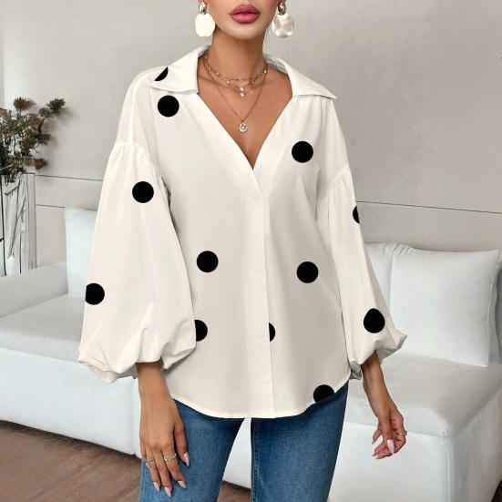 Women Shirt Lapel Half Open Collar Puff Long Sleeve Shirt Tops A-Line Tunic Soft Chiffon Casual Blouse Daily Wear