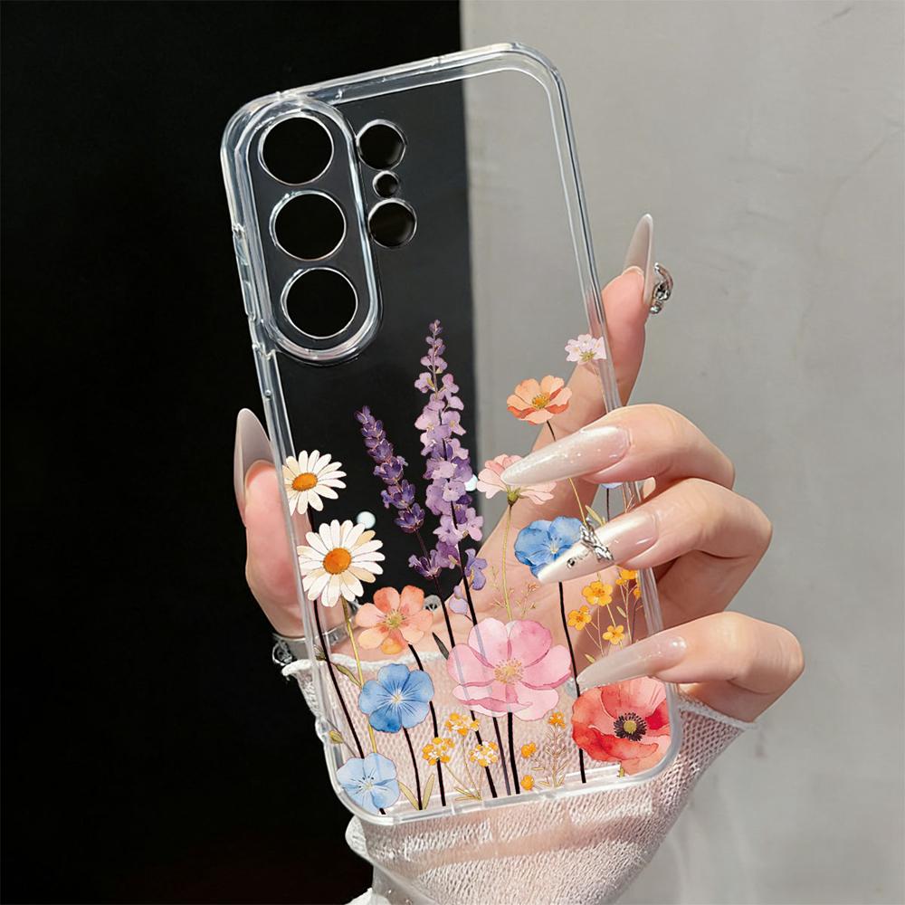Cute Daisy Floral Transparent Phone Case For Samsung Galaxy S26 S25 S23 S22 Ultra Plus Clear Soft TPU Shockproof Flower Cover