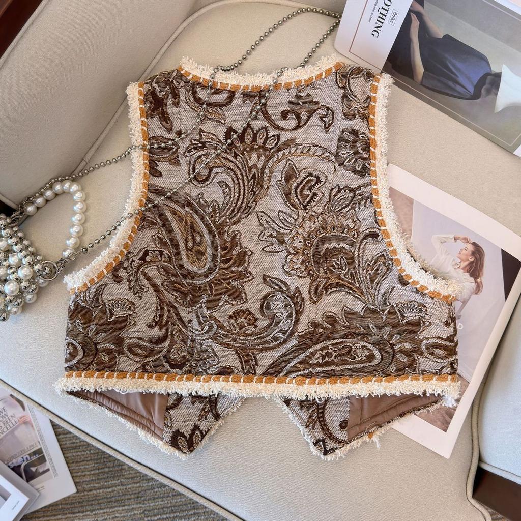 Nový Retro Národný Štýl Kvetinový Kardigán Vesta Dámska Móda Výšivka Skrátená Vesta Vintage Výstrih do V Bez Rukávov Dámske Vrchné Oblečenie Elegantná Vesta Topy