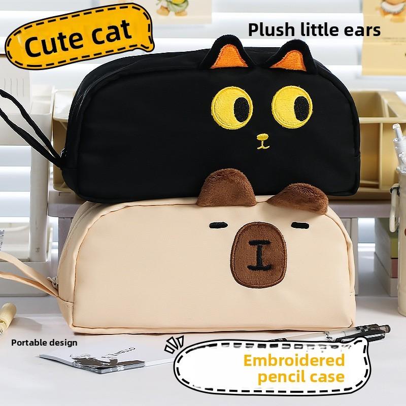 Black Cat Soft Plush Embroidered Pen Holder With High Capacity For School Use