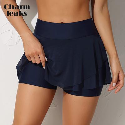 Frauen Hohe Taille Mini Schwimmen Rock Elastische Integrierte Boyleg Shorts Tankini Bikini Bottom Solide Bademode