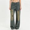Womens High-Waist Straight Leg Jeans Vintage Washed Cotton Denim Wide Pants Non-Stretch
