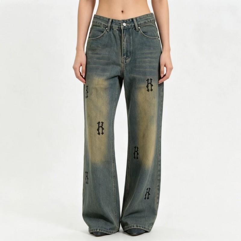 Womens High-Waist Straight Leg Jeans Vintage Washed Cotton Denim Wide Pants Non-Stretch