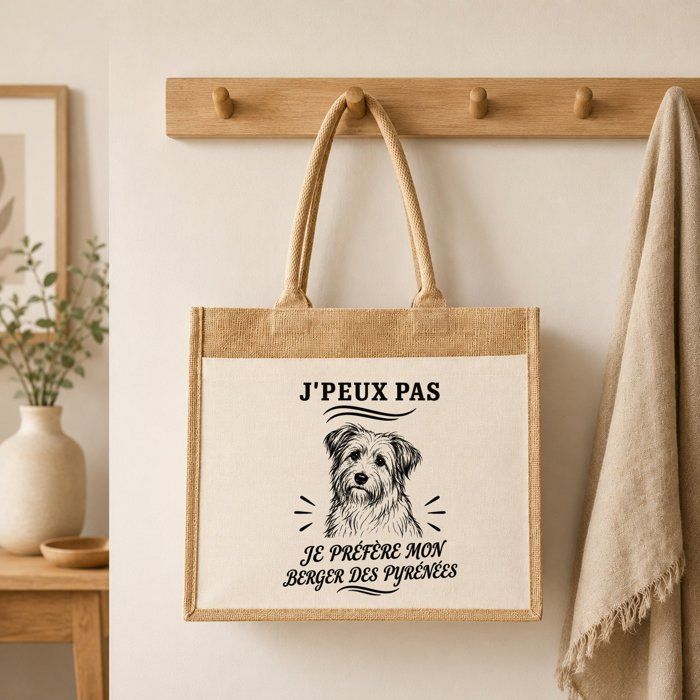 Sac cabas - PLANETEE - J'peux pas — Berger des Pyrénées (minimaliste) - Toile de jute et coton - 21 L - Illustration noire