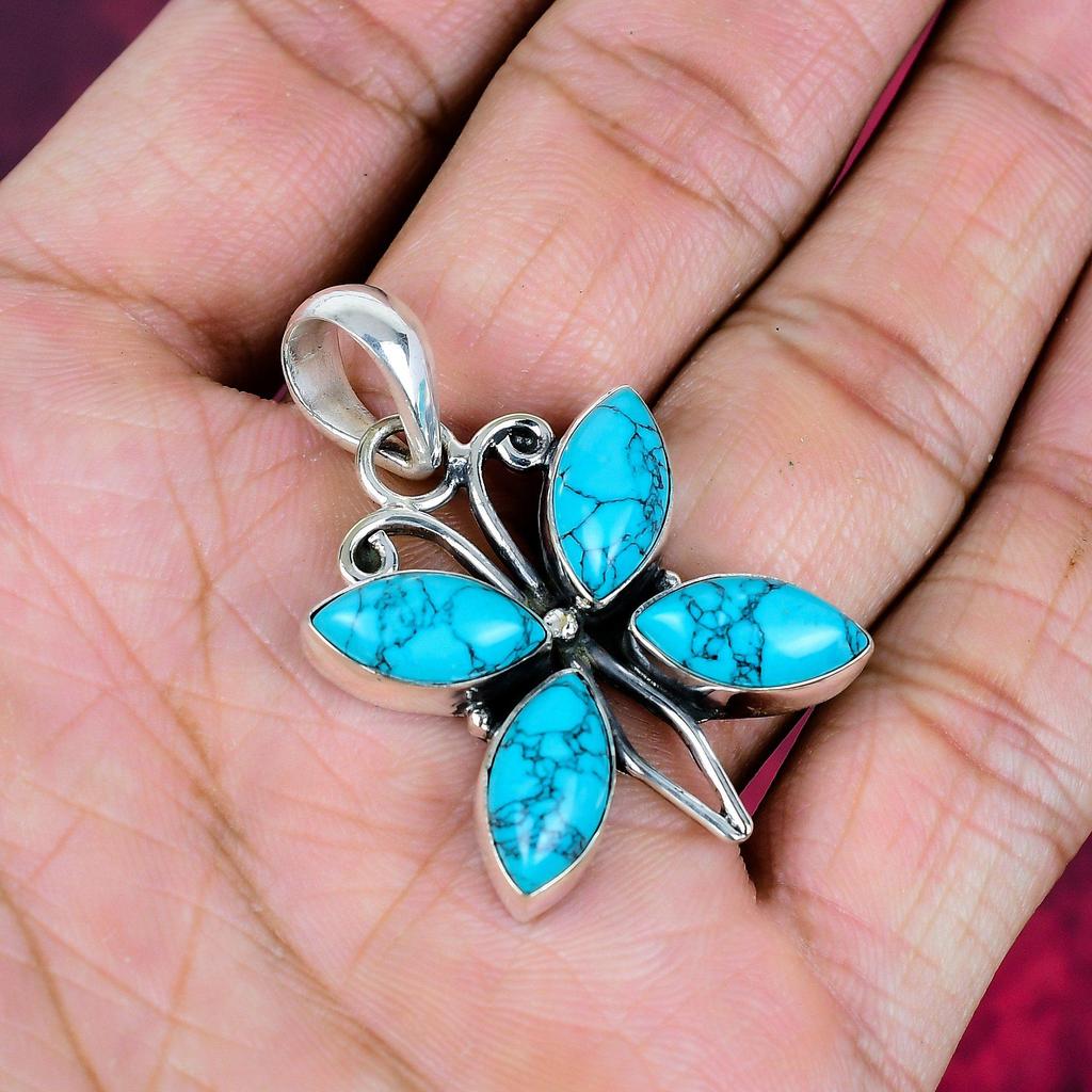 Blauer Türkis Handgemachter Edelstein Anhänger, 925 Sterling Silber Antik Schmuck Anhänger, Für Verlobungsgeschenk