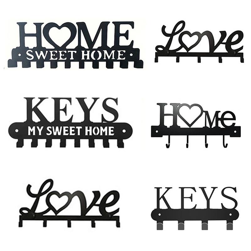 1Pcs Wall Mounted Decor Black Metal Key Holder Hook With Sweet Home Decorative Hook For Wall Coat Rack Storage Rack Wall Hanging