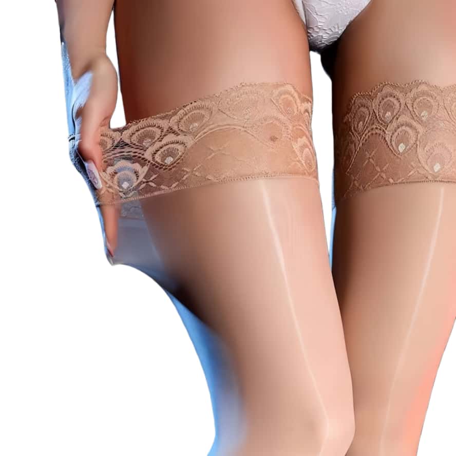 Ultra Thin Sexy Oil Shinny Black Lace Top Floral Silk Stockings Silicone Non-Slip Stay Up Thigh High Long Socks Hosiery Lingerie