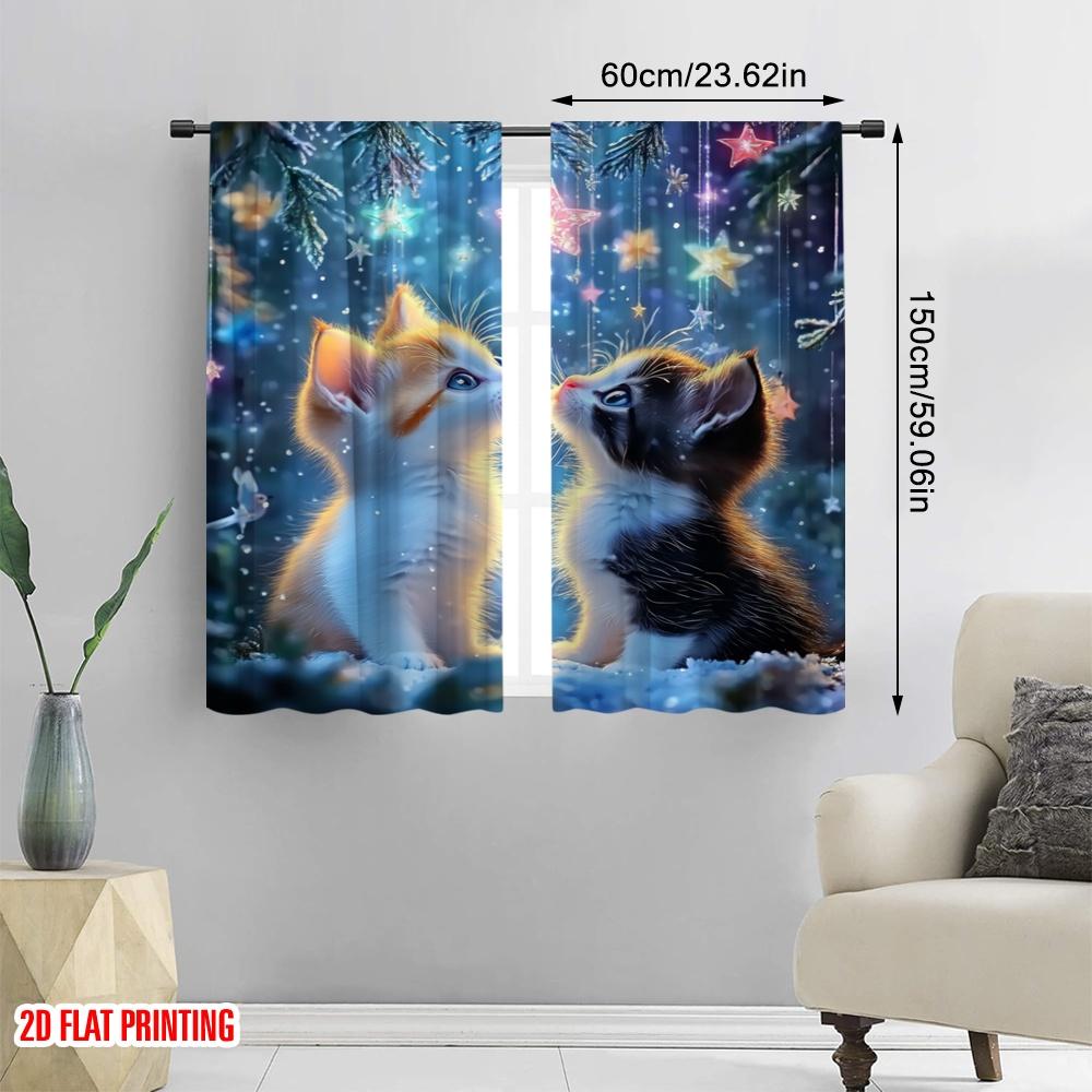 2pcs,2D Plane Printing Window Curtain Starry Kitten Stare Durable 100% Polyester Fabric (without Rod) Decorations For Home Ldeal