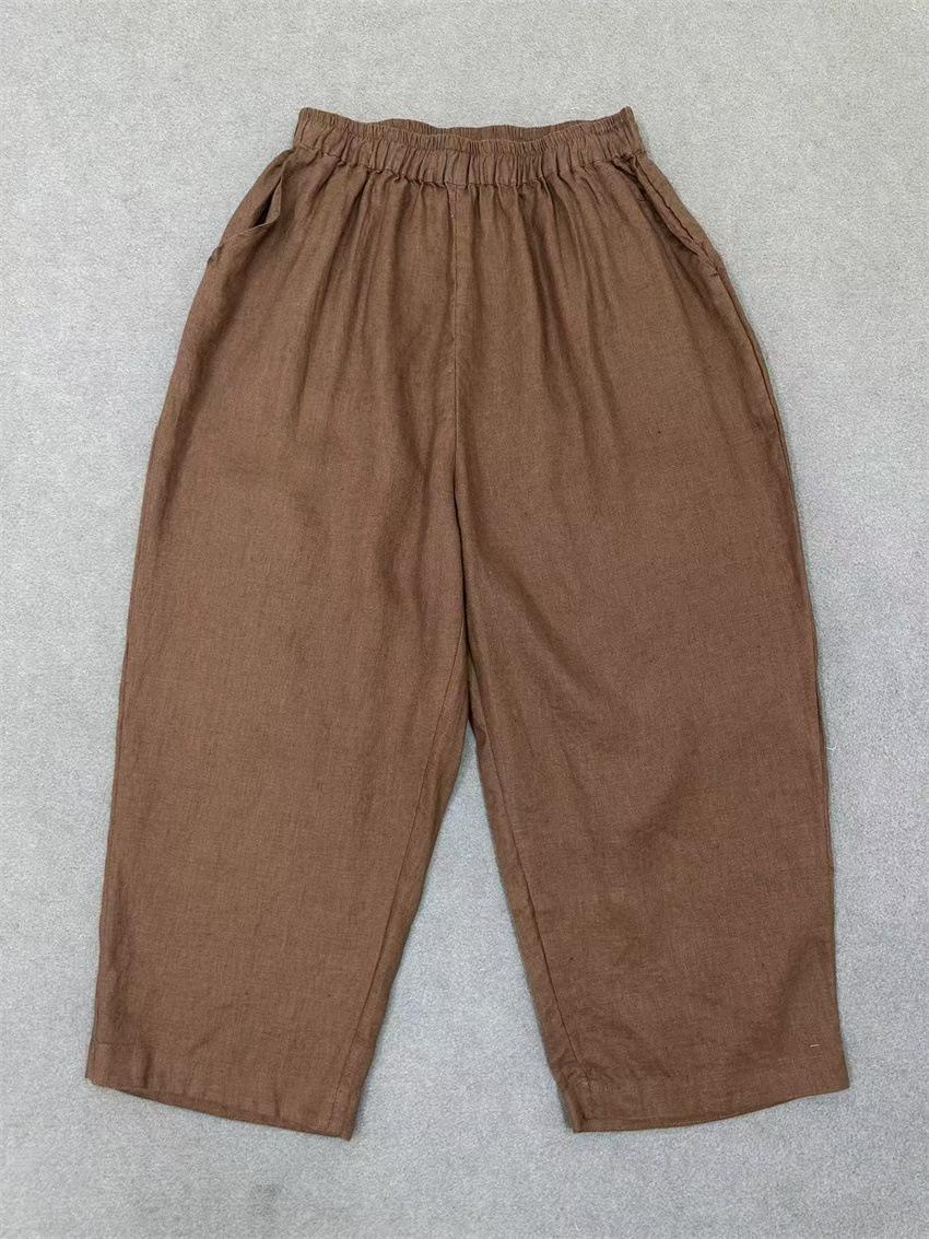 

Johnature Japanese Elastic Waist Cropped Pants Summer High Waisted Loose Versatile Harem Pants Breathable Casual Women One Size кофейный