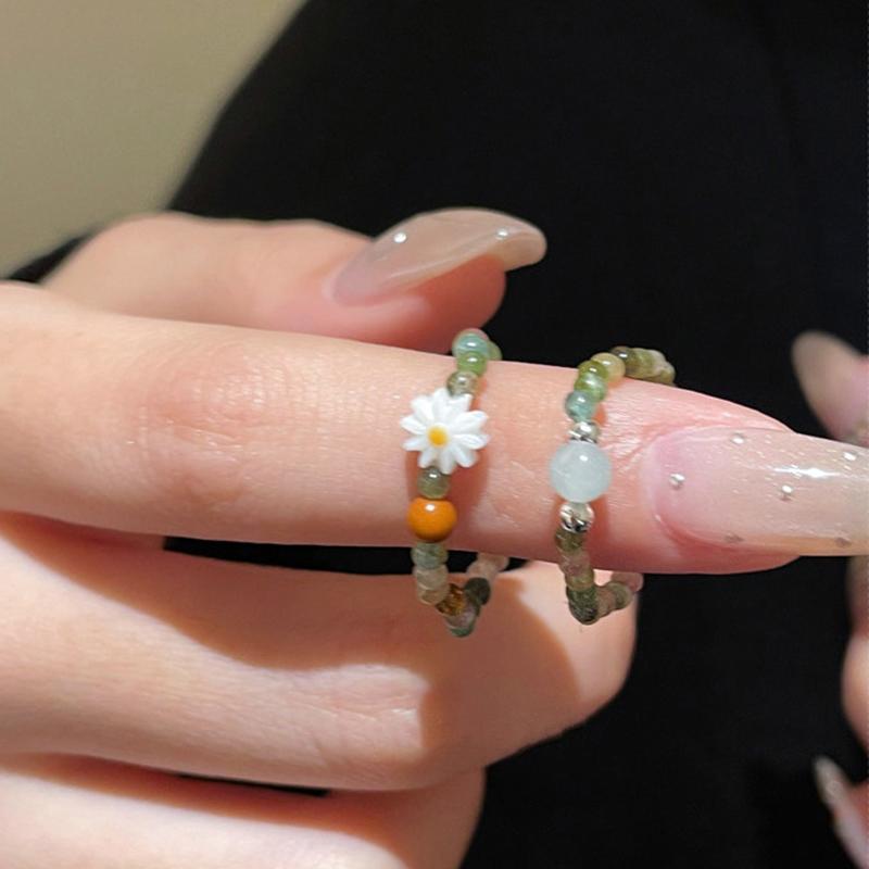 2026 New Trend Colorful Beaded Daisy Rings for Women Girls Romantic Sweet Flower Finger Rings Vacation Style Jewelry Accessories