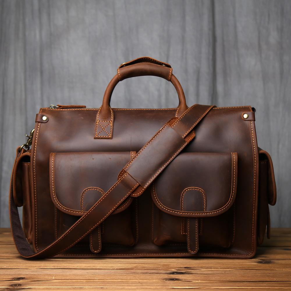 NZPJ Retro Genuine Leather Men's Briefcase Top Layer Cowhide Handbag Crazy Horse Leather Crossbody Bag For 16 Inch Laptops