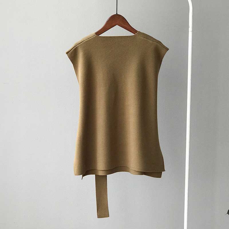 Split Hem Waist Coat with Belt Women's Autumn and Winter V-neck Knitted Vests Outer Wear Korean Version Loose Vest Women's Sleeveless Top