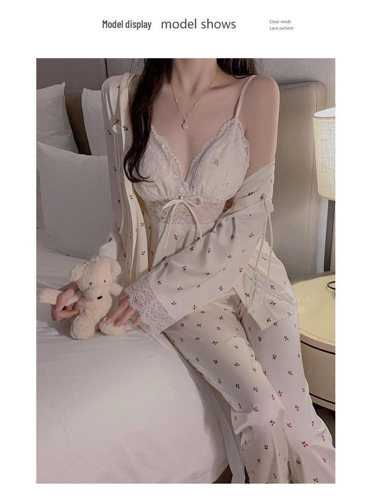 Guiruo Satin Lace Deep V Trousers with Chest Pad & New Chinese Style Outer Robe 