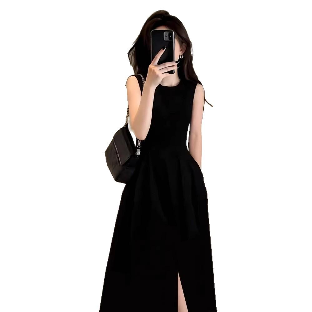 Elegant Sleeveless Waist-Cinching Black Maxi Dress for Women, Summer 2026 Style
