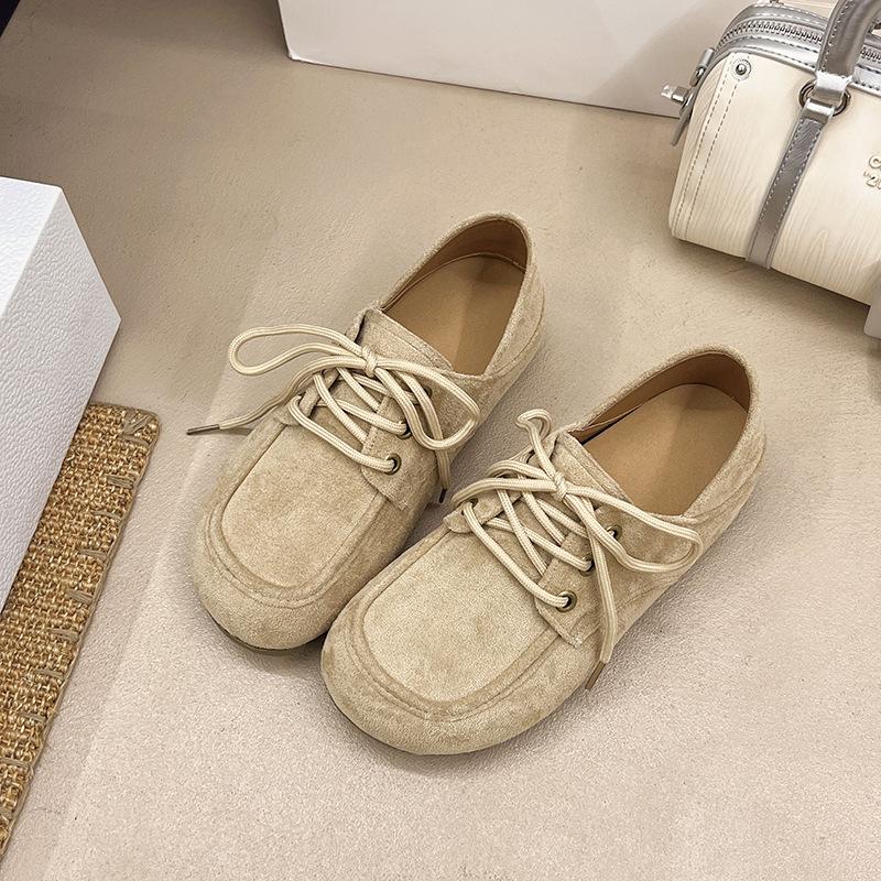 French loafer single shoes women's matte suede lace-up Oxford shoes not tired feet soft soles round head small leather shoes lace-up single shoes