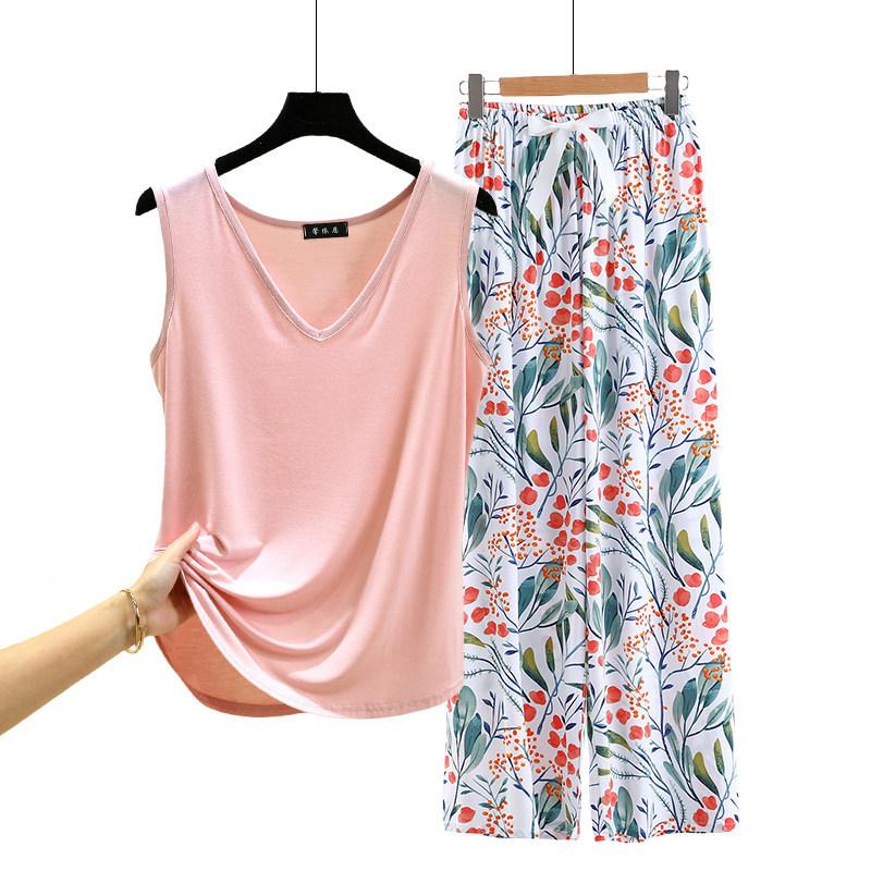 Lockere Modal-Pyjama-Sets Sommer V-Ausschnitt Tanktop und Florale Weite Hosen Lässiger Hausanzug ärmellos Loungewear Übergröße