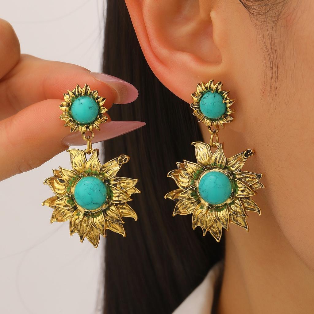 Vintage Sunflower Drop Earrings with Turquoise Tone Stones Bohemian Floral Jewelry