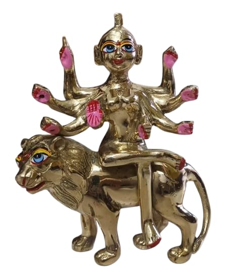 Mata Sherwali Murti Brass Idol, Maa Durga Idol Sitting On Lion, Gold -17 Cm