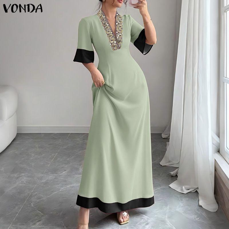 VONDA Elegant Women Half Sleeve Beading Webbing Stitching Casual Long Maxi Dress