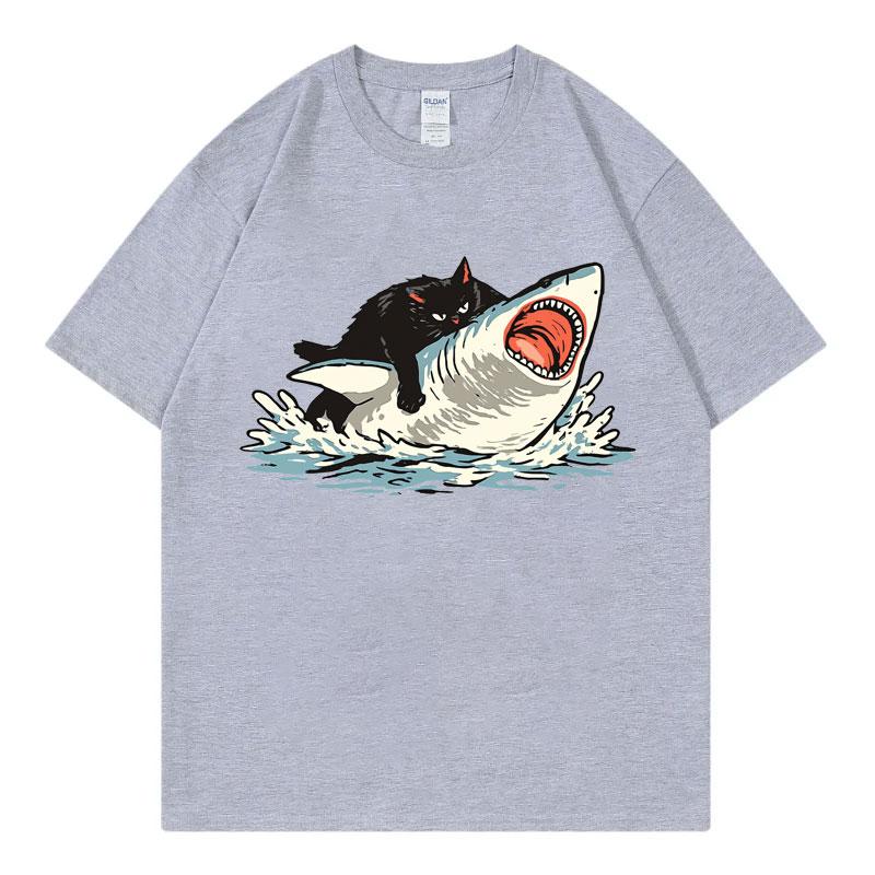 Funny Cat Riding Shark Graphic T Shirts High Street Fashion Trend Short Sleeve Tshirts Unisex Unisex Casual Loose Cotton Tshirt