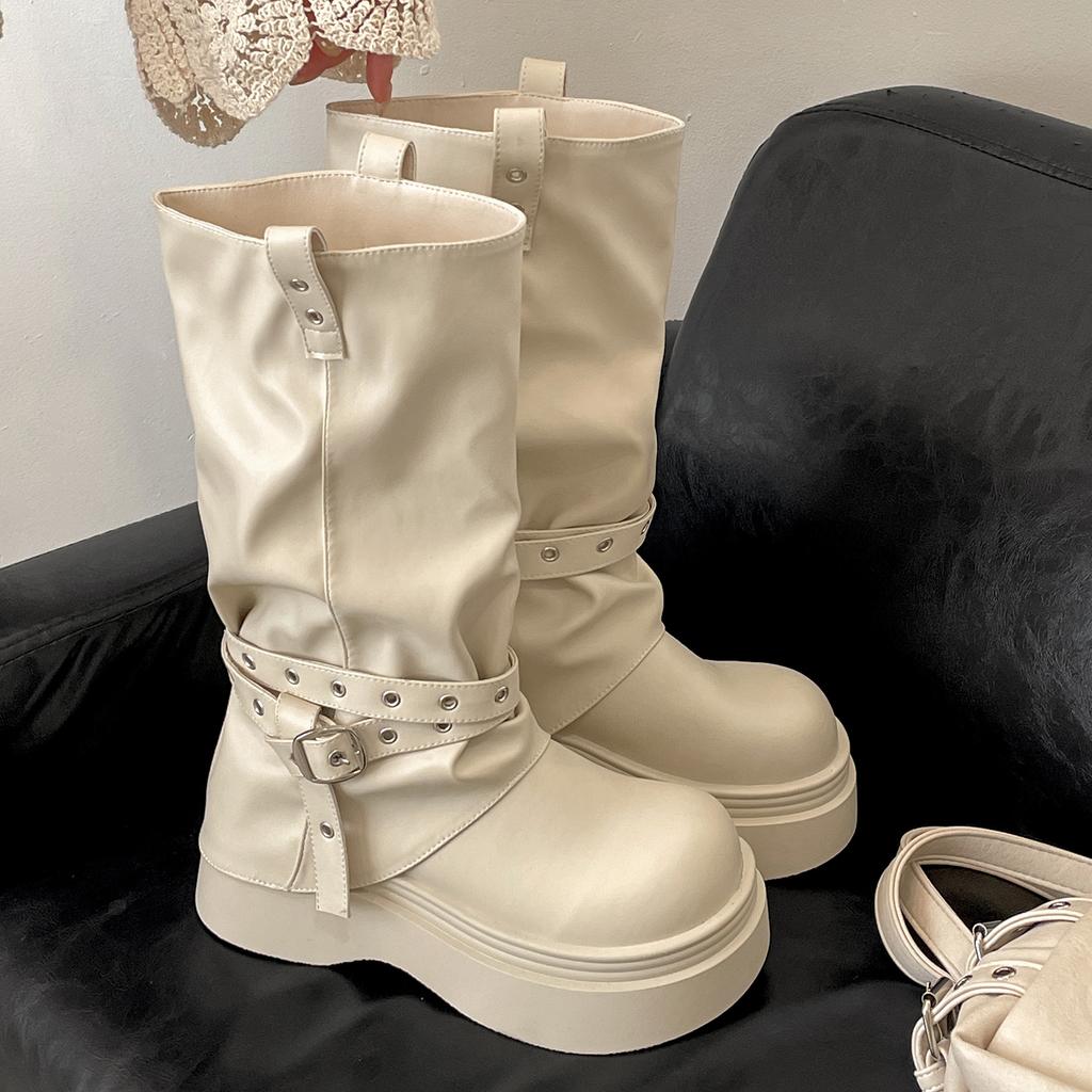 White Retro Platform Boots Women's Boots 2025 New Autumn Versatile Small Height-increasing and Thin Trouser Boots