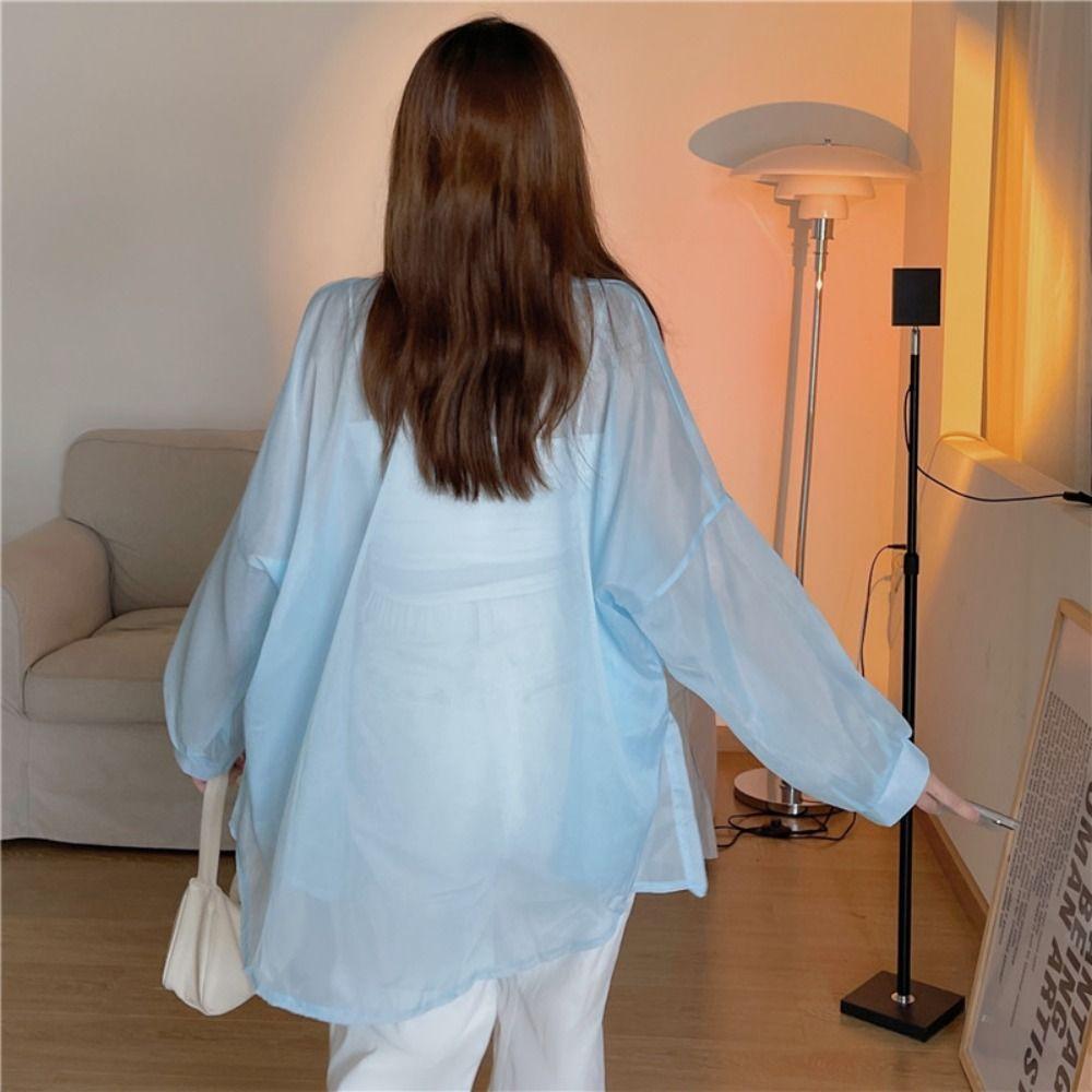 Solid Color Women Shirt Blouse Thin Female Loose Cardigan Summer Fashion Long Sleeve Top