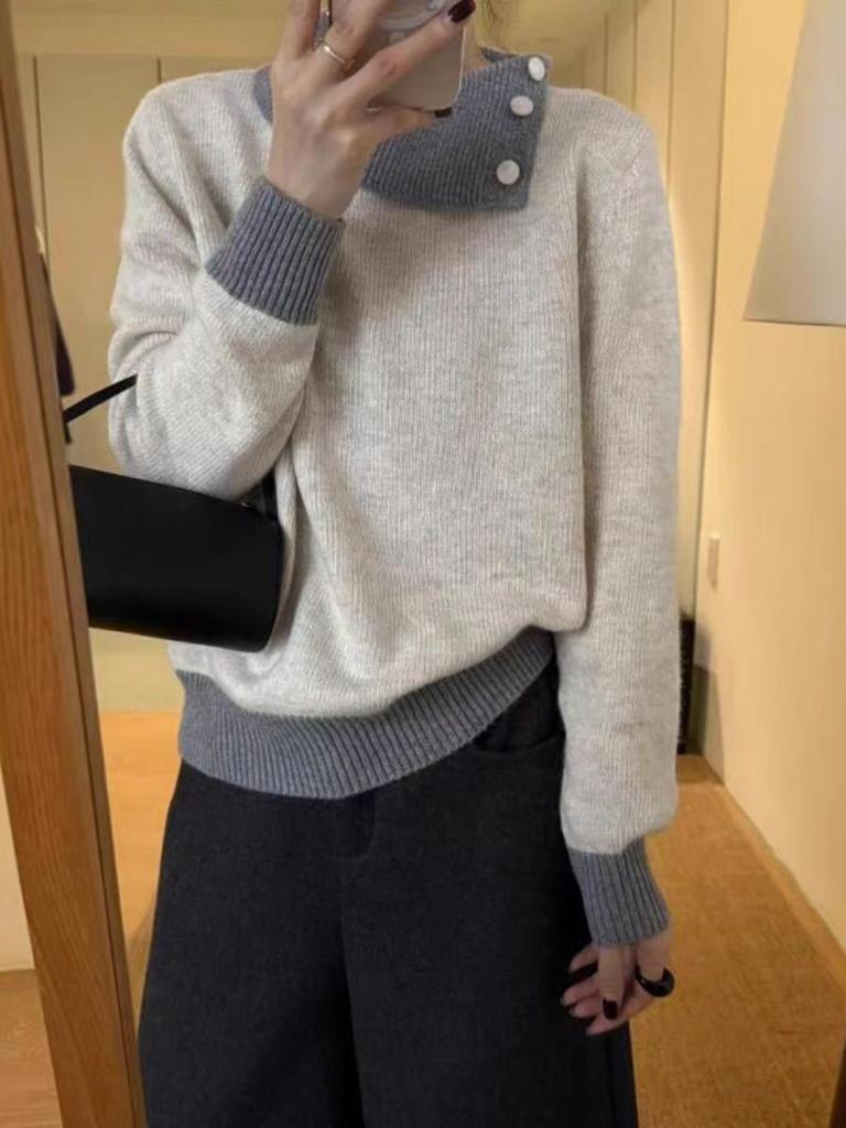 Loose soft waxy raspberry powder splicing pullover sweater women's autumn and winter lapel knit inner chic and beautiful top