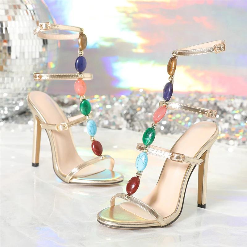Fashion Luxury Women High Heels Fashion  Bohemian Style Colour Gem Strap Designer Shoes for Women Gladiator Sandals Summer Banquet Shoes