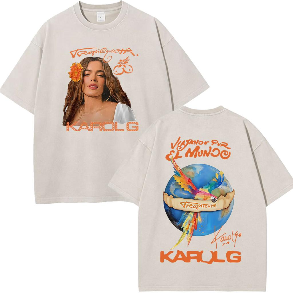 Karol G Viajando Por El Mundo Tropitour  Graphics T Shirt Unisex Women Fashion Cotton Loose Casual Vintage Washed Tshirts Tops