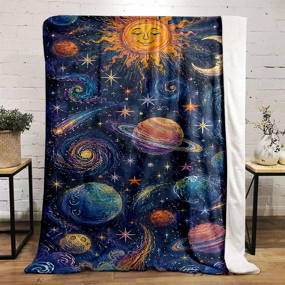 Colorful Cosmic Space Planets Design Patterned flannel blanket perfect for the bedroom living room, sofa, or a little nap